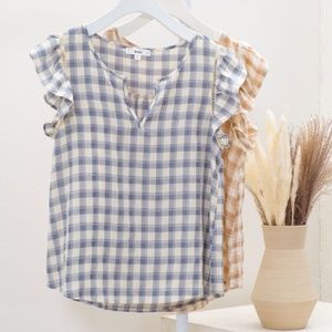 Navy Flutter Sleeve Gingham Check Blouse